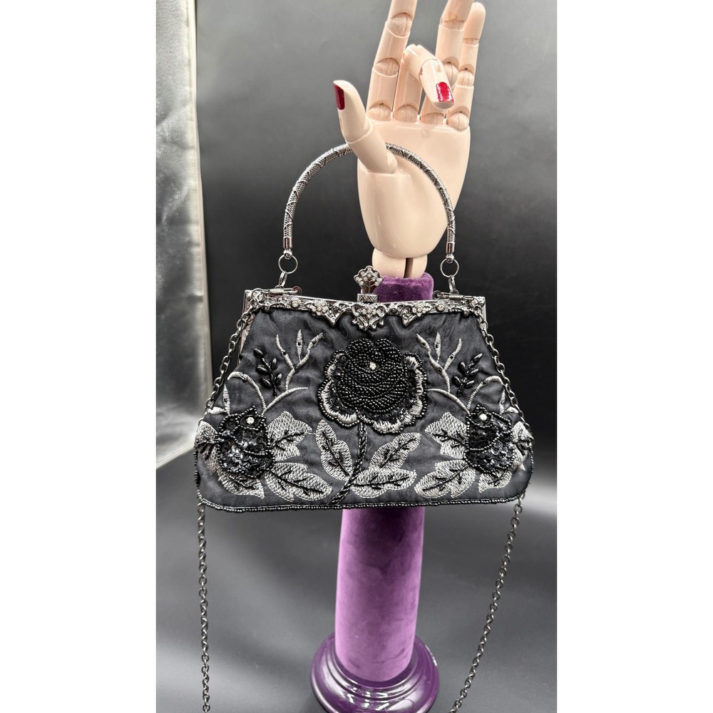 Black Beaded Floral Embroidered Evening Bag Clutch Purse Chain Strap